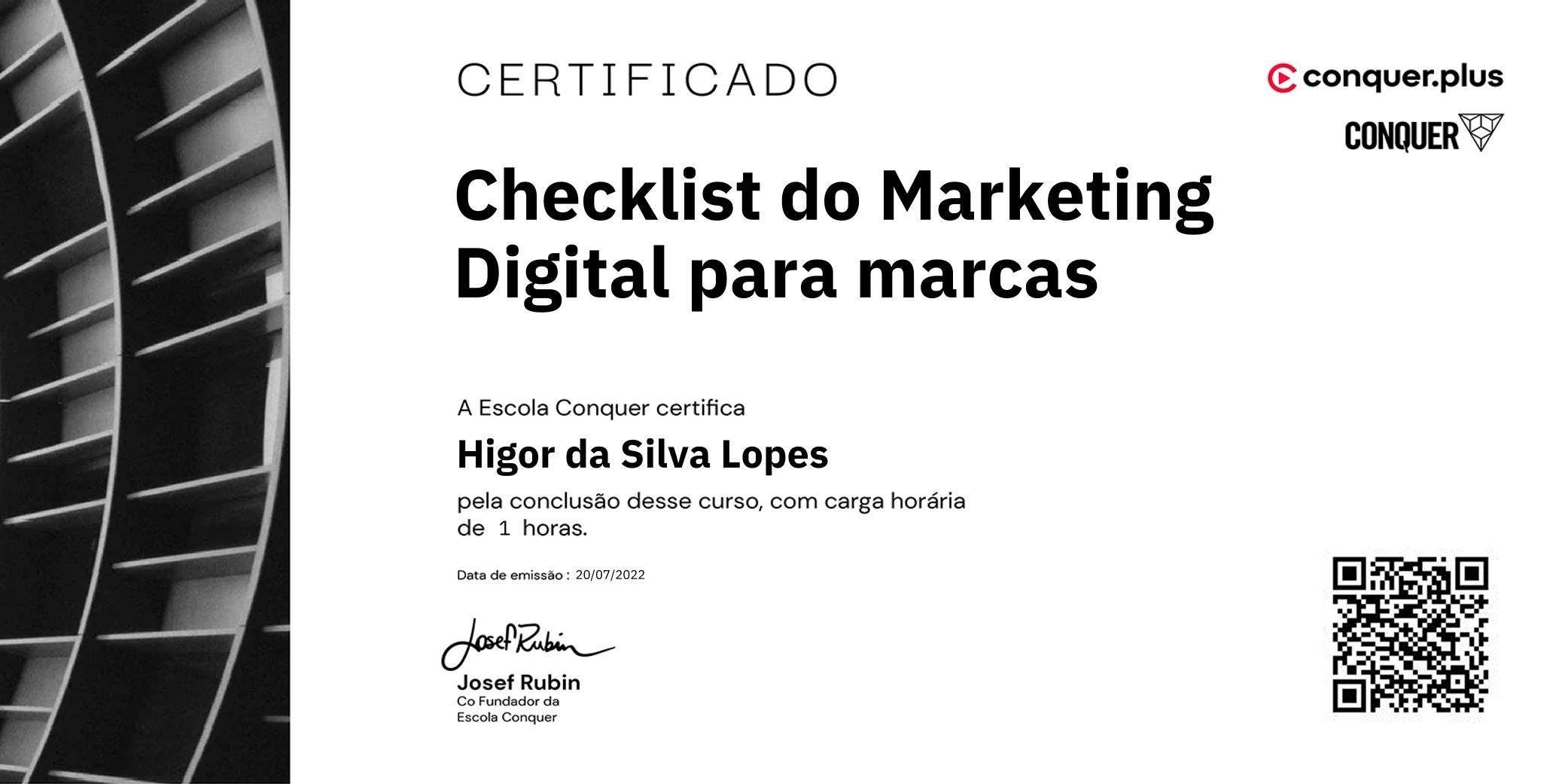 Certificado de Checklist do Marketing Digital para marcas